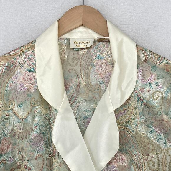 VICTORIAS SECRET Robe M Gold Label Sheer Floral Paisley Jacquard Long Ivory VTG - Picture 4 of 13